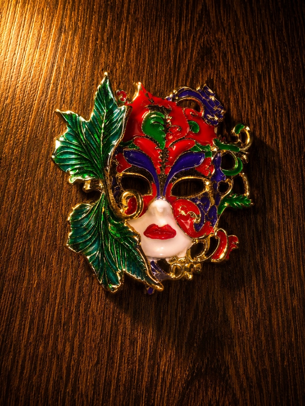 NWOT Enamel Venetian Mask Brooch in Red, Green & Purple
